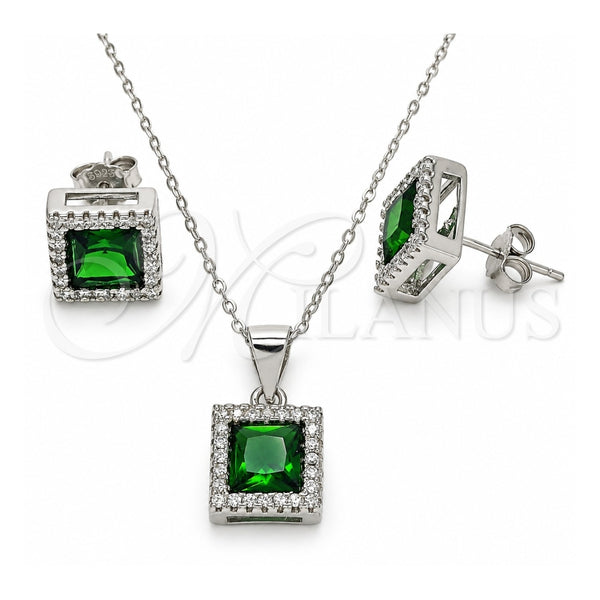 Sterling Silver Earring and Pendant Adult Set, with Green Cubic Zirconia and White Micro Pave, Polished, Rhodium Finish, 10.175.0073.1