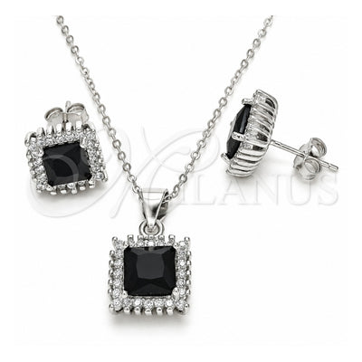 Sterling Silver Earring and Pendant Adult Set, with Black Cubic Zirconia and White Micro Pave, Polished, Rhodium Finish, 10.175.0057.4