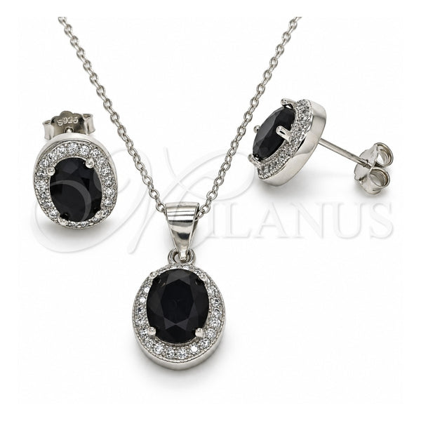 Sterling Silver Earring and Pendant Adult Set, with Black Cubic Zirconia and White Micro Pave, Polished, Rhodium Finish, 10.175.0077.4