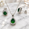 Sterling Silver Earring and Pendant Adult Set, Teardrop Design, with Green and White Cubic Zirconia, Polished, Rhodium Finish, 10.175.0079.2
