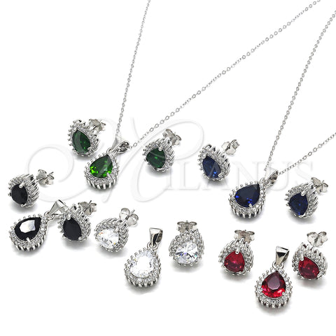 Sterling Silver Earring and Pendant Adult Set, Teardrop Design, with Green and White Cubic Zirconia, Polished, Rhodium Finish, 10.175.0079.2
