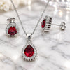 Sterling Silver Earring and Pendant Adult Set, Teardrop Design, with Garnet and White Cubic Zirconia, Polished, Rhodium Finish, 10.175.0079.3