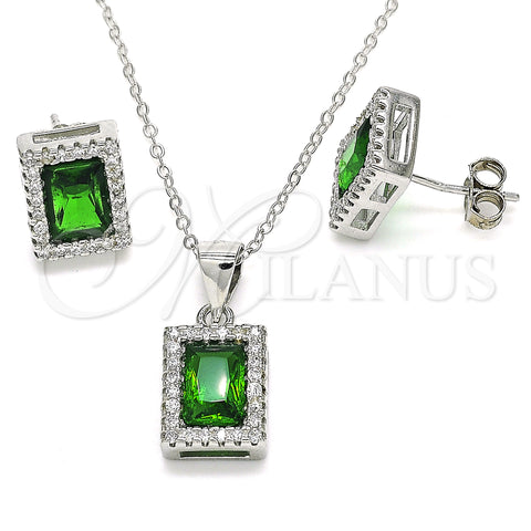 Sterling Silver Earring and Pendant Adult Set, with Green Cubic Zirconia and White Micro Pave, Polished, Rhodium Finish, 10.175.0080.1