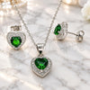 Sterling Silver Earring and Pendant Adult Set, Heart Design, with Green Cubic Zirconia and White Micro Pave, Polished, Rhodium Finish, 10.175.0081.1