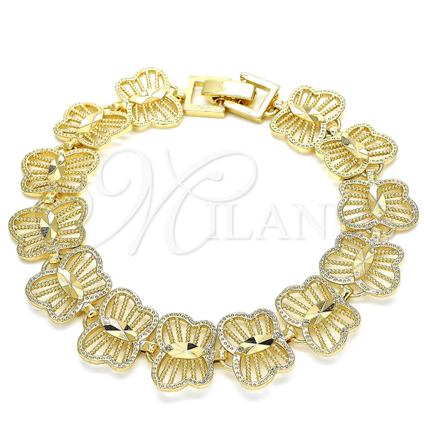 Oro Laminado Fancy Bracelet, Gold Filled Style Butterfly Design, Diamond Cutting Finish, Golden Finish, 03.100.0060.08 (Thickness, 8 Inches Length)