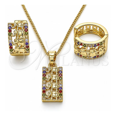 Oro Laminado Earring and Pendant Adult Set, Gold Filled Style Elephant Design, with Multicolor Micro Pave, Polished, Golden Finish, 10.210.0113.3
