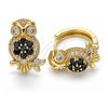 Oro Laminado Huggie Hoop, Gold Filled Style Owl Design, with Black and White Cubic Zirconia, Polished, Golden Finish, 02.210.0316.2.15