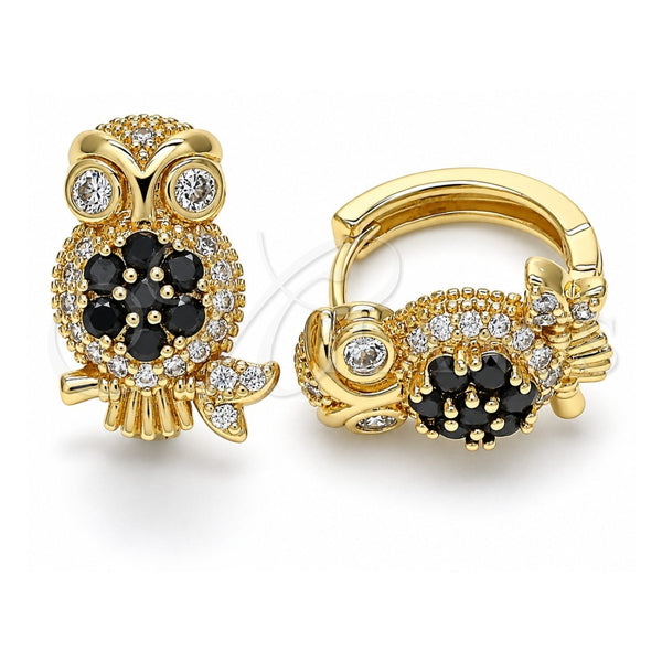 Oro Laminado Huggie Hoop, Gold Filled Style Owl Design, with Black and White Cubic Zirconia, Polished, Golden Finish, 02.210.0316.2.15
