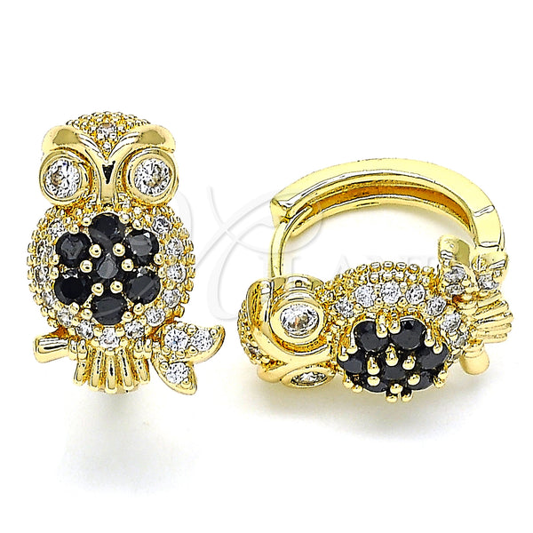 Oro Laminado Huggie Hoop, Gold Filled Style Owl Design, with Black and White Cubic Zirconia, Polished, Golden Finish, 02.210.0316.2.15