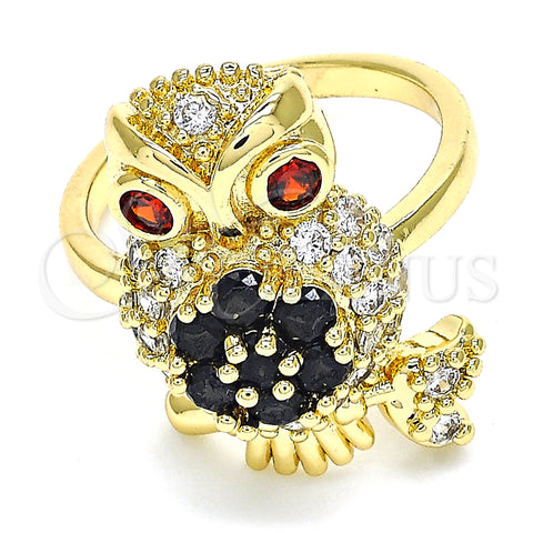Oro Laminado Multi Stone Ring, Gold Filled Style Owl Design, with Black and Garnet Cubic Zirconia, Polished, Golden Finish, 01.210.0091.07 (Size 7)