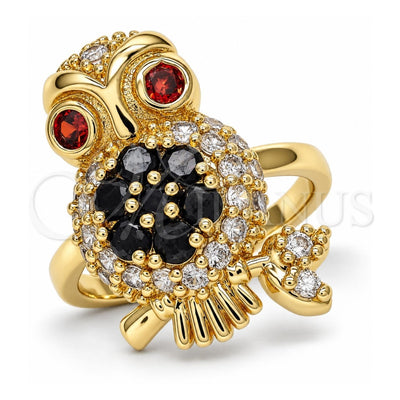 Oro Laminado Multi Stone Ring, Gold Filled Style Owl Design, with Black and Garnet Cubic Zirconia, Polished, Golden Finish, 01.210.0091.08 (Size 8)