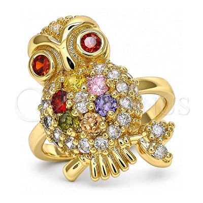 Oro Laminado Multi Stone Ring, Gold Filled Style Owl Design, with Multicolor Cubic Zirconia, Polished, Golden Finish, 01.210.0091.1.08 (Size 8)