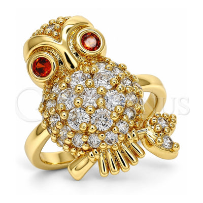 Oro Laminado Multi Stone Ring, Gold Filled Style Owl Design, with White and Garnet Cubic Zirconia, Polished, Golden Finish, 01.210.0091.2.08 (Size 8)