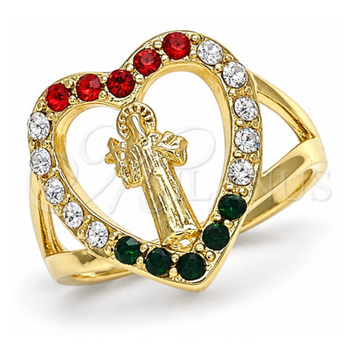 Oro Laminado Multi Stone Ring, Gold Filled Style San Benito and Heart Design, with Multicolor Crystal, Polished, Golden Finish, 01.253.0023.07 (Size 7)