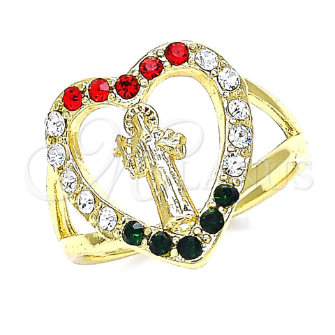 Oro Laminado Multi Stone Ring, Gold Filled Style San Benito and Heart Design, with Multicolor Crystal, Polished, Golden Finish, 01.253.0023.08 (Size 8)