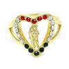 Oro Laminado Multi Stone Ring, Gold Filled Style San Judas and Heart Design, with Multicolor Crystal, Polished, Golden Finish, 01.253.0024.07 (Size 7)