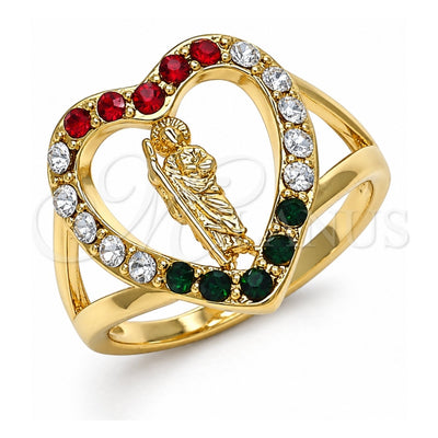 Oro Laminado Multi Stone Ring, Gold Filled Style San Judas and Heart Design, with Multicolor Crystal, Polished, Golden Finish, 01.253.0024.07 (Size 7)