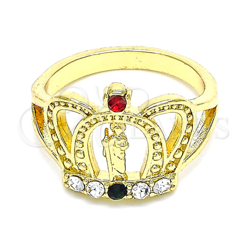Oro Laminado Multi Stone Ring, Gold Filled Style San Judas and Crown Design, with Multicolor Crystal, Polished, Golden Finish, 01.253.0025.08 (Size 8)
