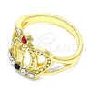 Oro Laminado Multi Stone Ring, Gold Filled Style San Judas and Crown Design, with Multicolor Crystal, Polished, Golden Finish, 01.253.0025.08 (Size 8)