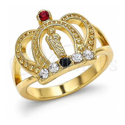 Oro Laminado Multi Stone Ring, Gold Filled Style San Judas and Crown Design, with Multicolor Crystal, Polished, Golden Finish, 01.253.0025.08 (Size 8)