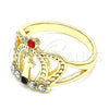 Oro Laminado Multi Stone Ring, Gold Filled Style San Benito and Crown Design, with Multicolor Cubic Zirconia, Polished, Golden Finish, 01.253.0026.07 (Size 7)