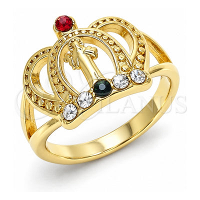 Oro Laminado Multi Stone Ring, Gold Filled Style San Benito and Crown Design, with Multicolor Cubic Zirconia, Polished, Golden Finish, 01.253.0026.07 (Size 7)