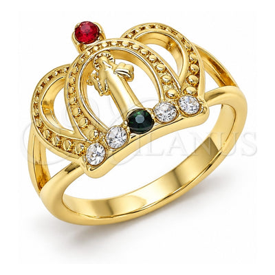Oro Laminado Multi Stone Ring, Gold Filled Style San Benito and Crown Design, with Multicolor Crystal, Polished, Golden Finish, 01.253.0026.08 (Size 8)