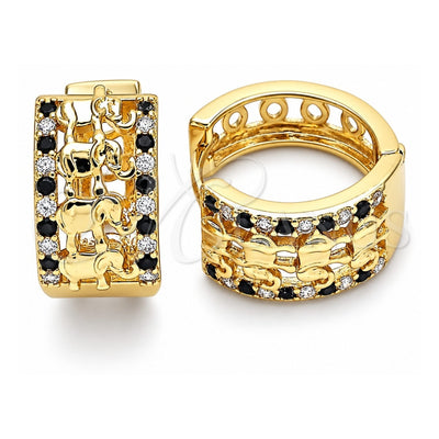 Oro Laminado Huggie Hoop, Gold Filled Style Elephant Design, with Black and White Micro Pave, Polished, Golden Finish, 02.210.0156.4.20