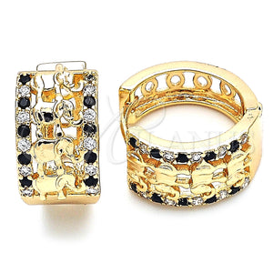 Gold Filled Hoop Earrings — Huggie Hoop Elephant Design with Black and White — main product view — SKU 129944 | Oro Laminado aretes de aro — Huggie Hoop Elephant diseño with negro and blanco — SKU 129944