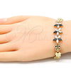 Oro Laminado Fancy Bracelet, Gold Filled Style Flower and Butterfly Design, with Black and White Cubic Zirconia, Polished, Golden Finish, 03.210.0127.1.07 (08 MM Thickness, 7 Inches Length)