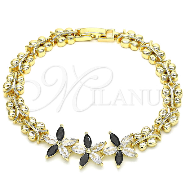 Gold Filled Bracelet — Fancy Bracelet Flower and Butterfly Design with Black — main product view — SKU 129946 | Oro Laminado brazalete — elegante Bracelet flor and Butterfly diseño with negro — SKU 129946