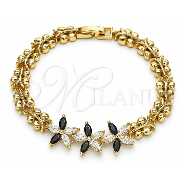 Oro Laminado Fancy Bracelet, Gold Filled Style Flower and Butterfly Design, with Black and White Cubic Zirconia, Polished, Golden Finish, 03.210.0127.1.07 (08 MM Thickness, 7 Inches Length)
