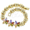 Oro Laminado Fancy Bracelet, Gold Filled Style Flower and Butterfly Design, with Multicolor Cubic Zirconia, Polished, Golden Finish, 03.210.0127.2.07 (08 MM Thickness, 7 Inches Length)