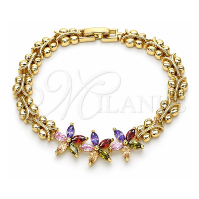 Oro Laminado Fancy Bracelet, Gold Filled Style Flower and Butterfly Design, with Multicolor Cubic Zirconia, Polished, Golden Finish, 03.210.0127.2.07 (08 MM Thickness, 7 Inches Length)