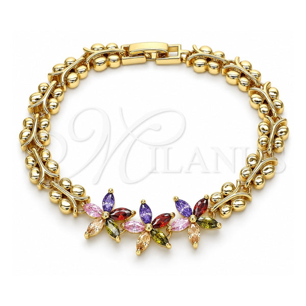 Oro Laminado Fancy Bracelet, Gold Filled Style Flower and Butterfly Design, with Multicolor Cubic Zirconia, Polished, Golden Finish, 03.210.0127.2.07 (08 MM Thickness, 7 Inches Length)