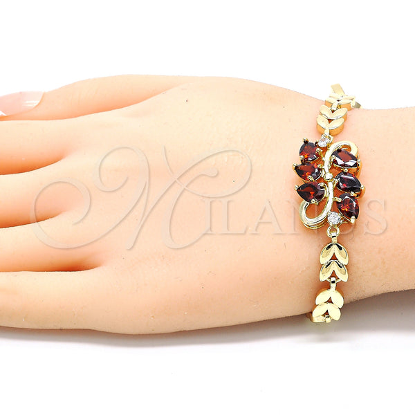 Gold Filled Bracelet — Fancy Bracelet Teardrop and Leaf Design with Garnet — alternate product view — SKU 129948 | Oro Laminado brazalete — elegante Bracelet Teardrop and Leaf diseño with Garnet — SKU 129948