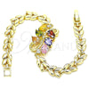 Oro Laminado Fancy Bracelet, Gold Filled Style Teardrop and Leaf Design, with Multicolor Cubic Zirconia, Polished, Golden Finish, 03.210.0128.2.07 (07 MM Thickness, 7 Inches Length)