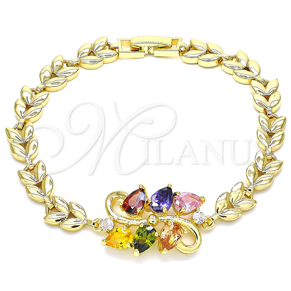 Gold Filled Bracelet — Fancy Bracelet Teardrop and Leaf Design with Multicolor — main product view — SKU 129950 | Oro Laminado brazalete — elegante Bracelet Teardrop and Leaf diseño with Multicolor — SKU 129950