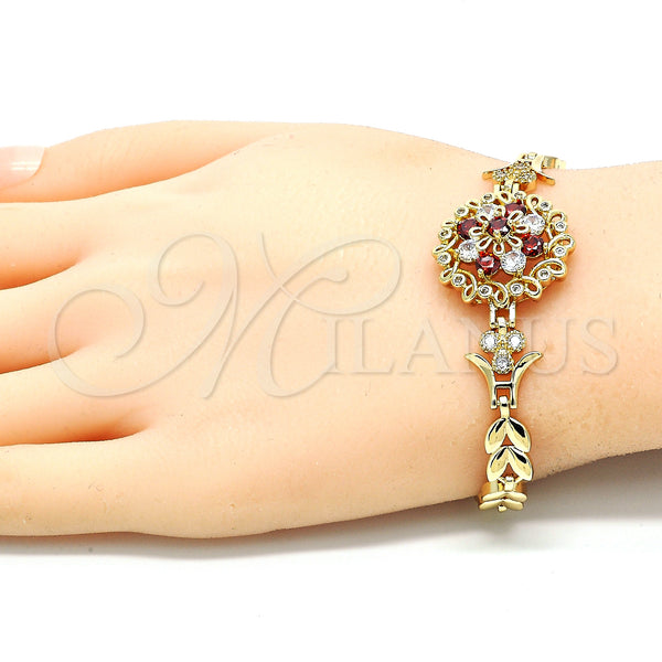 Gold Filled Bracelet — Fancy Bracelet Flower and Leaf Design with Garnet — alternate product view — SKU 129951 | Oro Laminado brazalete — elegante Bracelet flor and Leaf diseño with Garnet — SKU 129951