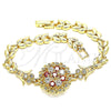 Oro Laminado Fancy Bracelet, Gold Filled Style Flower and Leaf Design, with Garnet and White Cubic Zirconia, Polished, Golden Finish, 03.210.0129.08 (07 MM Thickness, 8 Inches Length)