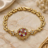 Oro Laminado Fancy Bracelet, Gold Filled Style Flower and Leaf Design, with Garnet and White Cubic Zirconia, Polished, Golden Finish, 03.210.0129.08 (07 MM Thickness, 8 Inches Length)