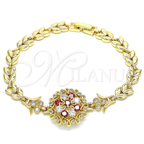 Oro Laminado Fancy Bracelet, Gold Filled Style Flower and Leaf Design, with Garnet and White Cubic Zirconia, Polished, Golden Finish, 03.210.0129.08 (07 MM Thickness, 8 Inches Length)