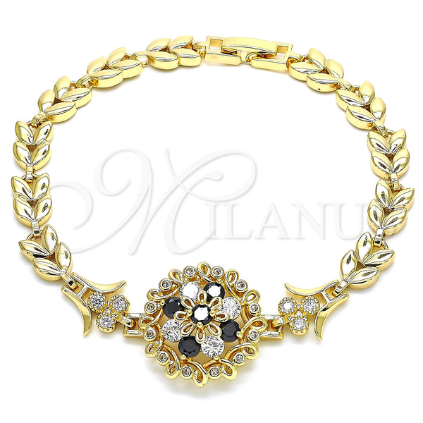 Gold Filled Bracelet — Fancy Bracelet Flower and Leaf Design with Black — main product view — SKU 129952 | Oro Laminado brazalete — elegante Bracelet flor and Leaf diseño with negro — SKU 129952