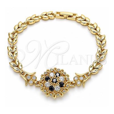 Oro Laminado Fancy Bracelet, Gold Filled Style Flower and Leaf Design, with Black and White Cubic Zirconia, Polished, Golden Finish, 03.210.0129.1.08 (07 MM Thickness, 8 Inches Length)