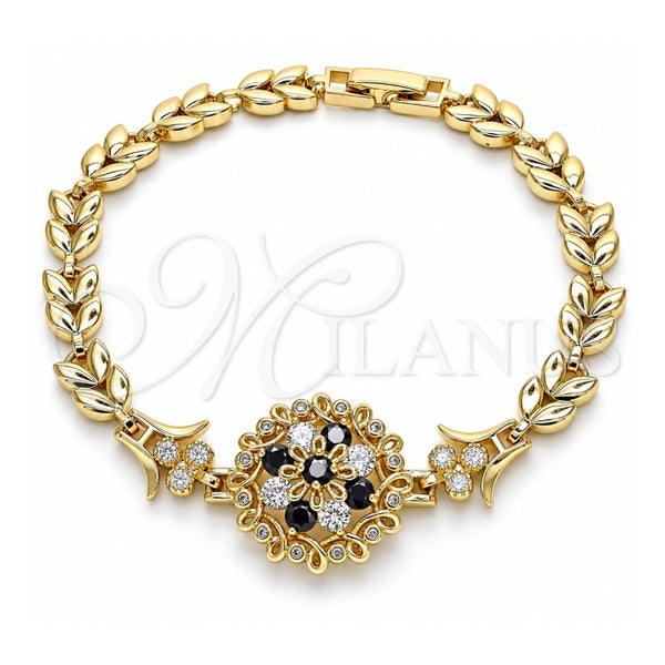 Oro Laminado Fancy Bracelet, Gold Filled Style Flower and Leaf Design, with Black and White Cubic Zirconia, Polished, Golden Finish, 03.210.0129.1.08 (07 MM Thickness, 8 Inches Length)