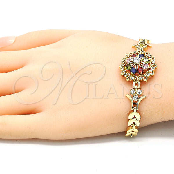 Gold Filled Bracelet — Fancy Bracelet Flower and Leaf Design with Multicolor — alternate product view — SKU 129953 | Oro Laminado brazalete — elegante Bracelet flor and Leaf diseño with Multicolor — SKU 129953