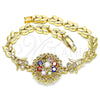 Oro Laminado Fancy Bracelet, Gold Filled Style Flower and Leaf Design, with Multicolor Cubic Zirconia, Polished, Golden Finish, 03.210.0129.2.08 (07 MM Thickness, 8 Inches Length)