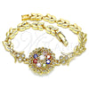 Oro Laminado Fancy Bracelet, Gold Filled Style Flower and Leaf Design, with Multicolor Cubic Zirconia, Polished, Golden Finish, 03.210.0129.2.08 (07 MM Thickness, 8 Inches Length)