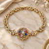 Oro Laminado Fancy Bracelet, Gold Filled Style Flower and Leaf Design, with Multicolor Cubic Zirconia, Polished, Golden Finish, 03.210.0129.2.08 (07 MM Thickness, 8 Inches Length)