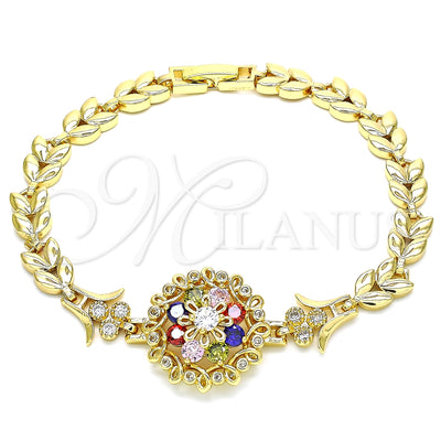 Oro Laminado Fancy Bracelet, Gold Filled Style Flower and Leaf Design, with Multicolor Cubic Zirconia, Polished, Golden Finish, 03.210.0129.2.08 (07 MM Thickness, 8 Inches Length)